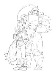  2boys absurdres ahoge alphonse_elric apple apron armor boots braid brothers chewing closed_mouth coat eating edward_elric food fruit full_armor full_body fullmetal_alchemist hand_in_pocket height_difference highres holding holding_food holding_fruit horns jacket lineart long_coat long_hair male_focus military_uniform multiple_boys pants parted_bangs plate_armor plume shoulder_spikes siblings single_braid single_horn sketch spikes sweetcassava waist_apron white_background 