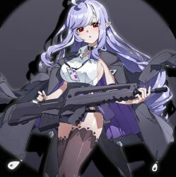 1girl alternate_costume assault_rifle bullpup famas long_hair rifle vivian_(zenless_zone_zero) vivian_banshee zenless_zone_zero