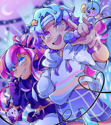  1boy 1girl angel_lightstick belt blue_hair blush bow bracelet cookie_run cookie_run:_ovenbreak glitter gloves hair_bow hair_ornament headset heart highres holding holding_microphone hood hoodie jewelry leppabolte long_hair microphone multicolored_hair one_eye_closed pink_hair popping_candy_cookie producer_mic shining_glitter_cookie short_hair smile 