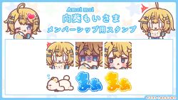  0_0 1girl :< :3 ^^^ ahoge blonde_hair blue_bow blue_eyes blue_shirt blush_stickers bow chibi closed_mouth commentary_request copyright_request hair_between_eyes hair_ornament hairclip heart highres long_sleeves mitarashi_neko multiple_views shirt small_sweatdrop star_(symbol) star_hair_ornament stuffed_animal stuffed_toy sweat teddy_bear translation_request turn_pale virtual_youtuber x_mouth 