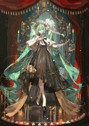  1girl absurdly_long_hair aqua_eyes aqua_hair arms_up artist_name bare_shoulders black_bow black_bowtie black_dress black_skirt blue_eyes bow bowtie branch candle candlestand capelet chinese_commentary closed_mouth commentary_request curtains detached_sleeves dress drill drill_hair english_text flower frilled_capelet frilled_dress frilled_hair_tie frilled_hairband frilled_headwear frilled_skirt frills full_body gloves green_eyes green_hair hair_bow hair_flower hair_ornament hair_ribbon hairband hatsune_miku high_heels highres holding indoors jewelry lantern light_bulb long_hair long_sleeves looking_at_viewer mirror nail_polish pearl_body_chain ribbon rose see-through_clothes see-through_dress see-through_skirt sitting skirt smile solo stage standing tachi-e thorns toto_(caaaaarrot) twin_drills twintails very_long_hair vocaloid white_capelet white_dress window 