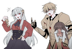  1boy 2girls armor ascot belt black_ascot black_flower black_skirt blonde_hair blood blood_from_mouth blood_on_arm blood_on_armor bow breastplate broken_armor brown_hair carrying carrying_person carrying_under_arm chinese_commentary collared_shirt commentary_request crying dark-skinned_female dark_skin dress earrings elbow_gloves evil_smile fang fate/strange_fake fate_(series) fillia_(fate) flower gilgamesh_(fate) gloves gold_armor gold_earrings hair_between_eyes hair_bow hair_down hair_flower hair_ornament half_updo hand_on_own_hip hand_up hands_up high-waist_skirt highres holding holding_key hole_in_arm hole_in_chest hole_on_body index_finger_raised injury jewelry key lightened_skin lioyu_f long_hair long_sleeves multiple_girls o-ring o-ring_belt open_mouth pauldrons puffy_long_sleeves puffy_sleeves red_eyes red_shirt revision shirt shirt_tucked_in short_hair shoulder_armor simple_background skin_fang skirt smile tine_chelc waist_cape white_background white_bow white_dress white_gloves white_hair 