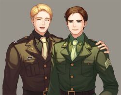  2boys 3sgn0f animification belt black_shirt blonde_hair blue_eyes breast_pocket brown_belt brown_hair brown_jacket bucky_barnes buttons captain_america:_the_first_avenger captain_america_(series) closed_eyes closed_mouth collared_shirt commentary_request fingernails green_jacket green_necktie green_shirt grey_background half-closed_eyes hand_on_another's_shoulder hand_up jacket korean_commentary lapels lips long_sleeves looking_at_viewer male_focus marvel military military_jacket military_rank_insignia military_uniform multiple_boys necktie open_mouth pocket shirt short_hair simple_background smile steve_rogers tongue united_states_army upper_body yellow_necktie 