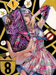 ! 1girl alternate_costume aura bubble cellphone character_print compound_eyes dixie_cup_hat doll_joints dress english_commentary green_eyes hair_bobbles hair_ornament hat heart heart_print highres hirose_yasuho holding holding_phone joints jojo_no_kimyou_na_bouken jojolion makeup marker_(medium) maya_panda military_hat paisley_park_(stand) phone pink_dress pink_hair pink_hat pink_nails road_sign sailor sailor_collar sailor_dress sailor_hat sign smartphone solo split_theme stand_(jojo) star_(symbol) traditional_media warning_sign white_sailor_collar 