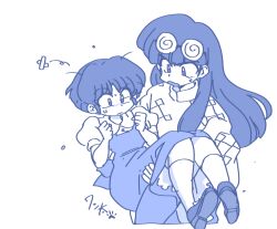  1boy 1girl carrying carrying_person closed_mouth commentary fuurinkan_high_school_uniform long_hair monochrome ranma_1/2 school_uniform short_hair tendou_akane v-shaped_eyebrows wanta_(futoshi) 