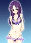  1girl adapted_costume bikini blush breasts cleavage closed_mouth embarrassed happinesscharge_precure! highleg highleg_bikini highres hikawa_iona long_hair looking_to_the_side midriff navel precure purple_hair shy solo standing swimsuit violet_eyes 