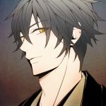  1boy black_hair character_request gradient gradient_background japanese_clothes komae0611 male_focus short_hair solo tagme yellow_eyes 