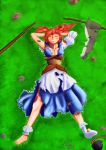  absurdres arms_behind_head boroe breasts bruise closed_eyes dress grass hair_bobbles hair_ornament highres injury lying on_back onozuka_komachi redhead rock scratches scythe smile socks source_request susuki_hara torn_clothes torn_dress torn_socks touhou twintails 
