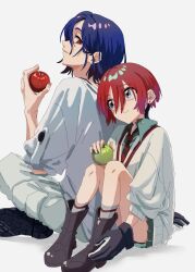  1boy 1girl amate_yuzuriha apple aqua_eyes aqua_shirt aqua_skirt black_boots black_gloves black_necktie blue_hair boots borrowed_accessory borrowed_clothes closed_mouth crescent crescent_earrings diagonal-striped_clothes diagonal-striped_necktie earrings food fruit gloves green_apple gundam gundam_gquuuuuux head_on_another's_back holding holding_food holding_fruit jewelry knees_to_chest leaning_on_person looking_at_another looking_back multicolored_eyes multicolored_hair necktie o6nuqm pants red_eyes red_hair red_necktie school_uniform shirt short_hair shuji_ito sitting skirt sleeves_rolled_up smile striped_clothes sweater two-tone_eyes two-tone_hair wavy_hair white_background white_pants white_shirt white_sweater work_gloves 