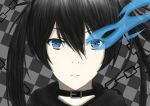  1girl black_hair black_rock_shooter black_rock_shooter_(character) blue_eyes burning_eyes chains checkered checkered_background collar highres isane long_hair looking_at_viewer solo 