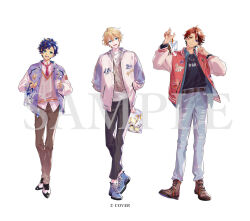  alternate_costume arms_behind_back astel_leda bag belt black_hair black_pants black_shirt black_streaks blonde_hair blonde_streaks blue_eyes blue_hair blue_pants blue_shoes brown_pants brown_shoes buttons cable_knit chain chain_necklace character_doll chashibu collared_shirt commentary_request copyright_notice cup denim disposable_coffee_cup disposable_cup doll double-breasted finger_to_cheek full_body heterochromia hiyamaru holding holding_bag holding_cup holostars jacket jeans jewelry kishido_temma layered_sleeves letterman_jacket male_focus mole mole_under_eye multicolored_hair multiple_boys necklace necktie official_art open_clothes open_shirt orange_eyes orange_hair orange_jacket pants patch plaid_clothes plaid_pants purple_jacket red_necktie sample_watermark shirt shoes short_hair sneakers streaked_hair suntempo sweater_vest torn_clothes torn_jeans torn_pants vest violet_eyes virtual_youtuber watermark white_jacket white_shirt yukoku_roberu 