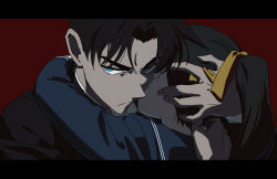  1boy 1girl angry blue_eyes commentary_request frown furrowed_brow glaring hattori_heiji highres hug letterboxed looking_at_viewer meitantei_conan ponytail ribbon short_hair tkc_(tkoshinchan) tooyama_kazuha yellow_ribbon 