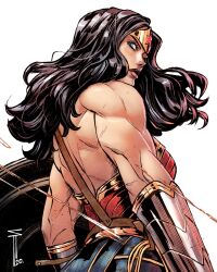  1girl black_hair blue_eyes blue_skirt circlet closed_mouth commentary dc_comics highres long_hair looking_back sergacuna signature simple_background skirt toned toned_female white_background wonder_woman wonder_woman_(series) wrist_guards 