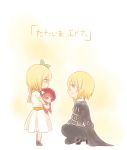  1boy 1girl belt blonde_hair blue_eyes blush boots brother_and_sister coat doll dress edna_(tales) eizen_(tales) pants ribbon shoes short_hair smile tales_of_(series) tales_of_berseria tales_of_zestiria 