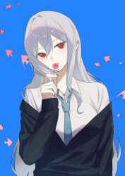  55555may absurdres alternate_costume angelfish aqua_necktie arknights black_sweater blue_background candy collared_shirt commentary ear_cuffs fish fish_necklace food grey_hair hair_between_eyes hair_intakes highres holding holding_candy holding_food holding_lollipop jewelry lollipop long_hair looking_to_the_side necklace necktie red_eyes red_nails shirt simple_background skadi_(arknights) sweater tropical_fish upper_body very_long_hair 