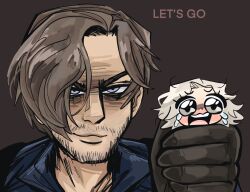  beard blonde_hair brown_background brown_hair commentary crying english_commentary facial_hair grace_ashcroft highres kecchi0 leon_s._kennedy messy_hair resident_evil resident_evil_requiem short_hair teeth upper_teeth_only wrinkled_skin 