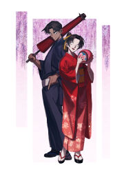  1boy 1girl absurdres ball black_hair bright_pupils closed_umbrella commentary_request flower full_body hattori_heiji highres holding holding_ball japanese_clothes kimono looking_at_viewer meitantei_conan oil-paper_umbrella open_mouth red_kimono short_hair standing tan tkc_(tkoshinchan) tooyama_kazuha umbrella white_pupils wide_sleeves wisteria 