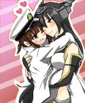  2girls black_gloves black_hair carrying elbow_gloves fingerless_gloves gloves headgear heart kantai_collection little_girl_admiral_(kantai_collection) long_hair military military_uniform multiple_girls musikinoko nagato_(kantai_collection) oversized_clothes red_eyes uniform 
