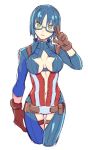  1girl adjusting_glasses belt blue_hair captain_america captain_america_(cosplay) character_request cleavage cleavage_cutout female genderswap glasses gloves green_eyes looking_at_viewer marvel navel salute shigehiro_(artist) short_hair simple_background solo star_cutout two-finger_salute 