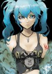  1girl aqua_hair blue_eyes cleavage collarbone female hatsune_miku jewelry jinbei necklace solo tattoo torn_clothes twintails vocaloid 