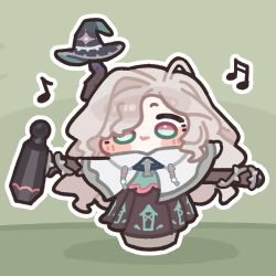  1girl black_skirt blush_stickers capelet chibi chibi_only commentary_request full_body grey_hair holding holding_behind_back holding_weapon_behind_back hood hooded_capelet korean_commentary long_hair makasha_(trickcal) monyami musical_note outline pleated_skirt skirt solo trickcal white_capelet white_outline 