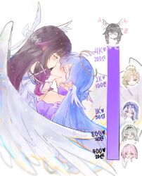  2girls bare_shoulders black_hair black_swan_(honkai:_star_rail) blue_hair blush closed_eyes columbina_(genshin_impact) commentary dress earrings english_commentary eye_mask feathered_wings firefly_(honkai:_star_rail) genshin_impact hair_ribbon halo hand_on_own_face head_wings highres honkai:_star_rail honkai_(series) jewelry kiss kiss_meter_(meme) long_hair march_7th_(honkai:_star_rail) mask meme mihoyo minyuu multicolored_hair multiple_girls multiple_wings purple_hair ribbon robin_(honkai:_star_rail) signature siobhan_(honkai:_star_rail) two-tone_hair white_dress white_ribbon white_wings wings wrist_bow yuri 