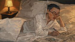  1boy absurdres black_hair book buzz_cut collared_shirt crossword_puzzle desk disco_elysium glasses hair_slicked_back highres holding holding_pen kim_kitsuragi kozmoraven1610 lamp long_sleeves lying male_focus midriff on_bed on_stomach open_book pen pillow round_eyewear shirt short_hair sideburns solo under_covers very_short_hair white_shirt writing 