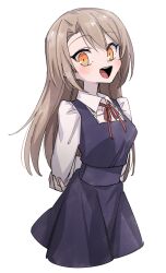  1girl :d alternate_costume alternate_hair_length alternate_hairstyle arms_behind_back blue_dress brown_hair collared_shirt commentary_request cowboy_shot dress hasumi_leia highres long_hair long_sleeves looking_at_viewer mahou_shoujo_no_majo_saiban neck_ribbon open_mouth pinafore_dress red_ribbon ribbon school_uniform shirt simple_background sleeveless sleeveless_dress smile solo suno_(imydream) white_background white_shirt yellow_eyes 