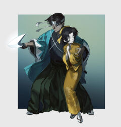  1boy 1girl black_hair border commentary_request full_body grey_hairband hairband hakama hattori_heiji highres holding holding_sword holding_weapon japanese_clothes kimono meitantei_conan sandals shinsengumi sword tkc_(tkoshinchan) tooyama_kazuha weapon white_border wide_sleeves yellow_kimono 