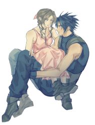  1boy 1girl aerith_gainsborough bare_shoulders black_gloves black_hair blue_eyes boots brown_hair choker couple crisis_core:_final_fantasy_vii dress earrings final_fantasy final_fantasy_vii full_body gloves green_eyes hand_on_another's_shoulder hashtag-only_commentary hetero highres jewelry looking_at_another on_lap pants parted_bangs parted_lips pink_dress sitting sitting_on_lap sitting_on_person sleeveless sleeveless_turtleneck spiceetunasauce spiky_hair stud_earrings sweater turtleneck turtleneck_sweater white_background zack_fair 