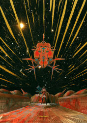  1girl absurdres aircraft airship arms_behind_back blue_eyes boots coat coat_on_shoulders commentary_request epaulettes facing_viewer fate/grand_order fate_(series) floating_clothes francis_drake_(fate) golden_hind_(fate) hat highres liguangze looking_at_viewer okeanos_(fate/grand_order) pink_hair pirate_costume pirate_hat pirate_ship science_fiction space star_(sky) thigh_boots 