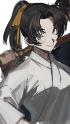  1boy 1girl brown_hair closed_mouth commentary_request green_eyes hair_ribbon hattori_heiji highres holding holding_sword holding_weapon japanese_clothes kimono long_hair looking_at_viewer meitantei_conan ponytail ribbon solo_focus sword tkc_(tkoshinchan) tooyama_kazuha unfinished upper_body weapon white_kimono wooden_sword yellow_ribbon 
