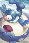  :3 :d absurdres beach black_eyes bright_pupils closed_eyes fangs flippers highres lying no_humans ocean on_back open_mouth pink_nose pokemon pokemon_(creature) pokemon_(game) pokemon_sm popplio sea_lion seal smile spheal t@kuyoa tongue water whiskers 