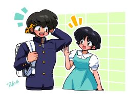  1boy 1girl :d arm_behind_head black_hair blue_dress brown_eyes commentary dress fang fuurinkan_high_school_uniform gakuran hibiki_ryouga ranma_1/2 school_uniform short_hair smile tendou_akane wanta_(futoshi) yellow_background 
