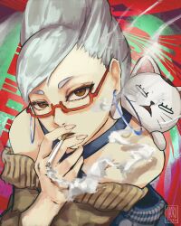  2024 2girls ayase_seiko beehive_hairdo brown_eyes cigarette commentary criss-cross_halter dandadan earrings from_above glasses grey_hair halterneck highres hoop_earrings jacket jewelry looking_at_viewer multiple_girls off-shoulder_sweater off_shoulder semi-rimless_eyewear short_eyebrows signature smoke smoking sweater taorotana turbo_granny_(dandadan) under-rim_eyewear whiskers 