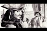  2boys barrel crossover facial_hair gun hairlocs hat jack_sparrow jewelry johnny_depp male_focus monkey_d_luffy monochrome multiple_boys mustache one_piece open_clothes open_mouth open_vest pirate_hat pirates_of_the_caribbean ring scar ship straw_hat vest watercraft weapon 