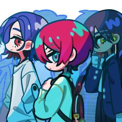  1boy 2girls amate_yuzuriha aqua_eyes aqua_hair backpack bag black_hair blazer blue_hair colored_inner_hair crescent crescent_earrings earphones earphones earpiece earrings from_side gundam gundam_gquuuuuux highres holding_strap jacket jewelry long_hair looking_at_viewer looking_to_the_side multicolored_hair multiple_girls nyaan_(gundam_gquuuuuux) o-three people pleated_skirt purple_jacket red_bag red_eyes red_hair school_uniform shirt short_hair shuji_ito skirt sweater two-tone_hair wavy_hair white_shirt white_sweater yellow_eyes 