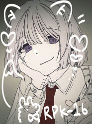  commentary_request girls_frontline greatyoruka63 hand_on_own_head korean_commentary looking_at_viewer necktie pen red_necktie rpk-16_(girls'_frontline) short_hair smile violet_eyes white_hair 