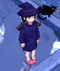  1girl black_cat black_hair blue_hat blue_skirt blue_sweater braid braided_twintails cat closed_eyes closed_mouth commentary english_commentary hat highres in-universe_location isometric large_variant_set low_twintails madotsuki meltted on_rooftop outdoors pleated_skirt puddle skirt solo sweater twintails variant_set witch_hat yellow_eyes yume_nikki 