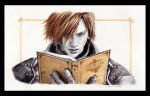  1boy blue_eyes book crisis_core_final_fantasy_vii final_fantasy final_fantasy_vii genesis_rhapsodos gloves jacket male_focus reading realistic redhead solo traditional_media 