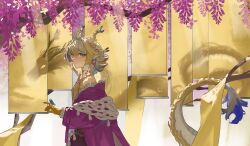  1girl arknights bare_shoulders blonde_hair blue_eyes blue_hair braid choker closed_mouth colored_extremities dragon_girl dragon_horns dragon_tail earrings flower from_side fruit_earrings grey_hair hair_flower hair_ornament hashtag-only_commentary highres horns ikmaln300_(mal008) jacket jewelry looking_at_viewer multicolored_hair official_alternate_costume pointy_ears purple_jacket shawl shu_(arknights) shu_(spring_feast)_(arknights) smile solo tail tree white_shawl yellow_choker yellow_hands 