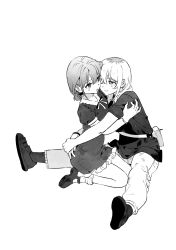  2girls absurdres arms_around_waist blush bracelet closed_mouth commentary_request dress girls_band_cry greyscale habsida_(habsida_hpy) hand_on_another's_shoulder highres hug iseri_nina jewelry kawaragi_momoka korean_commentary long_hair mary_janes monochrome multicolored_hair multiple_girls one_eye_closed open_mouth pants pouch roots_(hair) sandals shirt shoes short_twintails twintails yuri 
