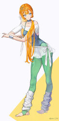  1girl athletic_leotard black_leotard blue_eyes collarbone cropped_shirt full_body green_pantyhose hair_ornament hairclip halterneck highres leotard long_hair loose_socks original oto1_030 pantyhose parallel_hairclips red_hair sarong shirt simple_background socks solo standing toeless_legwear white_background white_shirt 