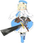 1girl bangs blue_eyes boots bow dress full_body greaves grimms_notes hair_bow hat holding holding_sword holding_weapon looking_at_viewer open_mouth scarf simple_background solo swept_bangs sword weapon white_background yaegashi_nan 