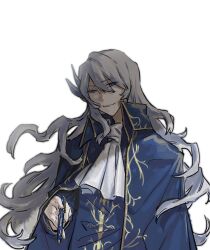  1boy argalia_(project_moon) ascot blue_cape blue_eyes blue_jacket cape collared_jacket commentary_request gold_trim highres holding holding_pen jacket library_of_ruina long_hair looking_at_viewer male_focus parted_lips pen project_moon smile solo upper_body very_long_hair wavy_hair wei_qie_zaisheng white_ascot white_hair 