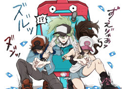  !? 1girl 2boys apple_inc. apple_logo baseball_cap blue_jacket blue_shorts brown_hair commentary_request green_hair hat hilbert_(pokemon) hilda_(pokemon) jacket motion_lines multiple_boys n_(pokemon) on_one_knee pokemon pokemon_bw pokemon_masters_ex poryphone pulling sei_(shinkai_parallel) shorts star_(symbol) sweat 