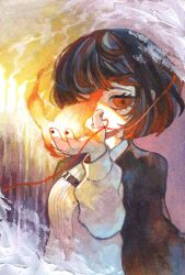  1girl black_hair black_jacket commentary_request eyelashes highres holding_flame jacket jacket_on_shoulders limbus_company looking_at_viewer mochigome_138 one_eye_covered project_moon red_eyes ryoshu_(project_moon) short_hair smoke solo standing upper_body 