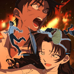  1boy 1girl absurdres black_pants blue_eyes commentary_request fire green_eyes hattori_heiji highres jacket jacket_on_shoulders meitantei_conan open_mouth pants ponytail ribbon sad scared short_hair shouting skirt suspenders tears tkc_(tkoshinchan) tooyama_kazuha tripping yellow_ribbon yellow_skirt 