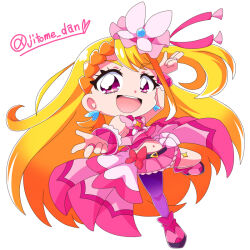  1girl :d arm_up bare_shoulders belt black_belt blush boots bow braid braided_bangs bridal_gauntlets brooch butterfly_earrings butterfly_hat_ornament chibi chibi_only commentary crop_top cure_butterfly earrings frills full_body hat hat_ornament hijiri_ageha hirogaru_sky!_precure jewelry leg_up long_hair looking_at_viewer magical_girl microskirt midriff mob_cap multicolored_hair navel open_mouth orange_hair outstretched_arm overskirt pantyhose pink_boots pink_bridal_gauntlets pink_hat pink_skirt pink_wrist_cuffs precure purple_pantyhose reaching reaching_towards_viewer red_bow signature simple_background single_leg_pantyhose skirt skirt_bow sleeveless smile soboro_(jitome_dan) solo standing standing_on_one_leg teeth thigh_strap tilted_headwear twitter_username two-tone_hair upper_teeth_only v-shaped_eyebrows very_long_hair violet_eyes w white_background wing_brooch wrist_cuffs 