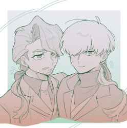  2boys alternate_hair_length alternate_hairstyle beard border challia_bull char_aznable closed_mouth commentary_request cropped_shoulders facial_hair gundam gundam_gquuuuuux hair_over_one_eye hair_over_shoulder hair_ribbon highres jacket long_hair looking_at_viewer male_focus multiple_boys mustache necktie outside_border ponytail red_theme ribbon shirouzu_(gundam) simple_background smile turtleneck ukahue11 upper_body vest white_border 